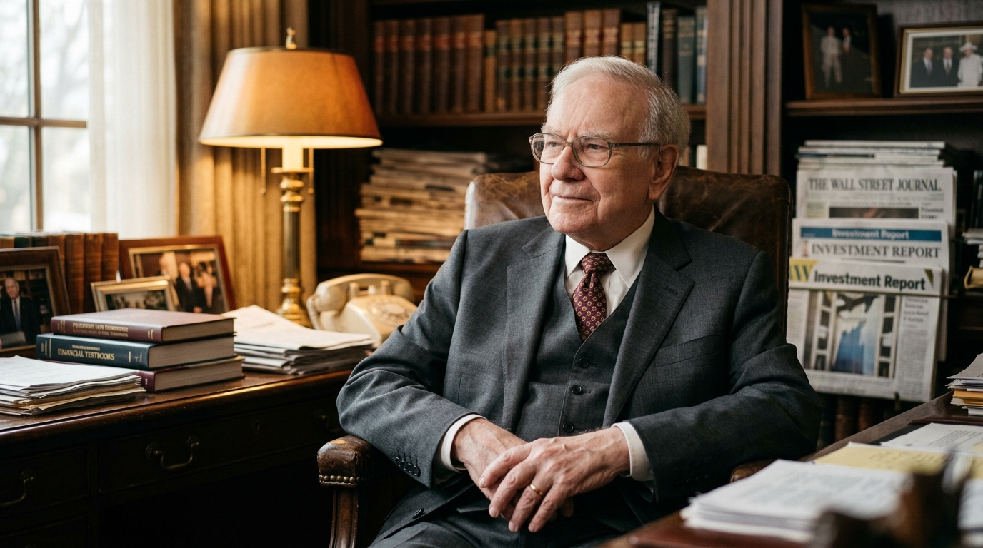 Chân dung Warren Buffett tại bàn làm việc ở Omaha