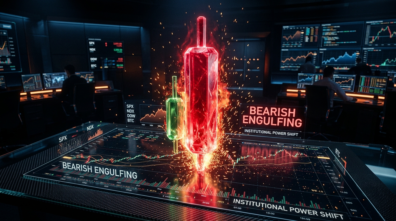 Mô hình Nến Bearish Engulfing 3D nuốt trọn nến xanh thể hiện sự chuyển giao quyền lực của dòng tiền lớn