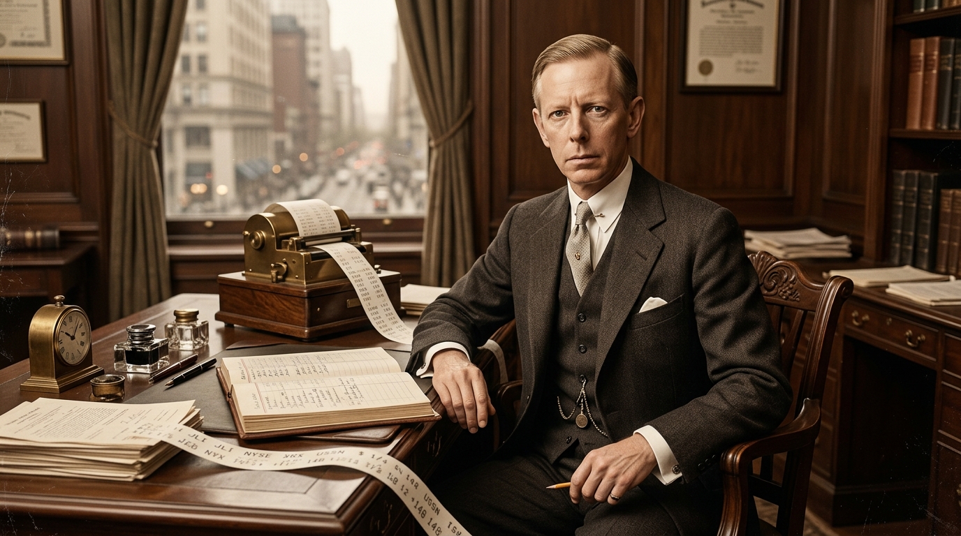 Chân dung huyền thoại Jesse Lauriston Livermore tại bàn làm việc với máy đọc băng giá Ticker Tape